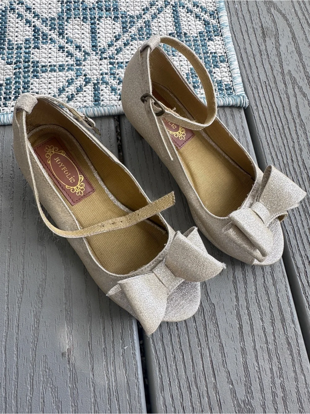 Joyfolie Valeria light Gold Glitter Bow Peep-Toe Ankle Strap Heels